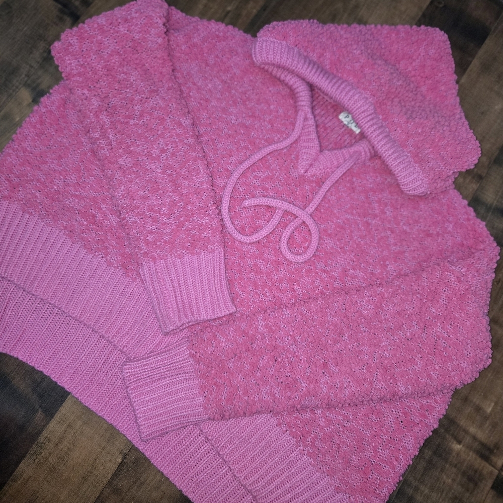 POL Pink Boucle Popcorn Knit Cropped Hoodie Dropped Shoulder Oversize Medium